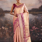 Dark Peach Kanjivaram Tissue Saree With Contrast Border