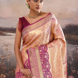Dark Peach Kanjivaram Tissue Saree With Contrast Border