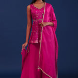 Deep Bright Pink Chiffon Banarsi Buttis Sharara Set