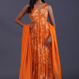 Tiger Orange Chinon Silk Stone Work Gown Set