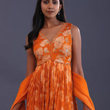 Tiger Orange Chinon Silk Stone Work Gown Set