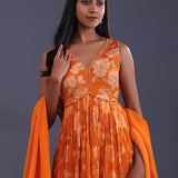 Tiger Orange Chinon Silk Stone Work Gown Set