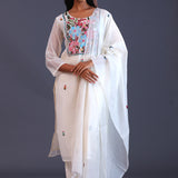 White Mul Chanderi Thread Work Kurti Set