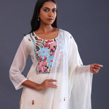 White Mul Chanderi Thread Work Kurti Set