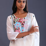 White Mul Chanderi Thread Work Kurti Set