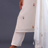 White Mul Chanderi Thread Work Kurti Set