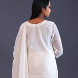White Mul Chanderi Thread Work Kurti Set
