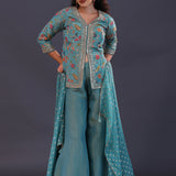 Bluish Green Tissue Silk Floral Indowestern Set