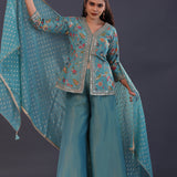 Bluish Green Tissue Silk Floral Indowestern Set