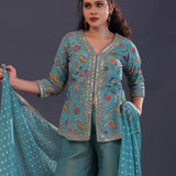 Bluish Green Tissue Silk Floral Indowestern Set