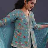 Bluish Green Tissue Silk Floral Indowestern Set
