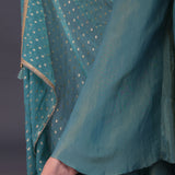 Bluish Green Tissue Silk Floral Indowestern Set