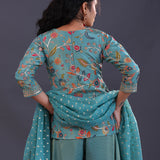 Bluish Green Tissue Silk Floral Indowestern Set