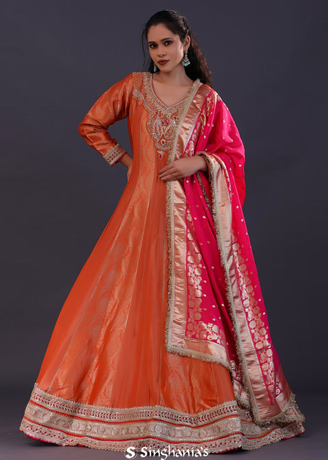 <img> Orange Banarasi Tissue Silk Anarkali Set