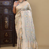 Sky Blue Banarasi Tissue Saree With Meenakari Jaal