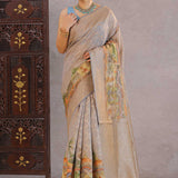 Grey Tissue Banarasi Saree With Human Figures