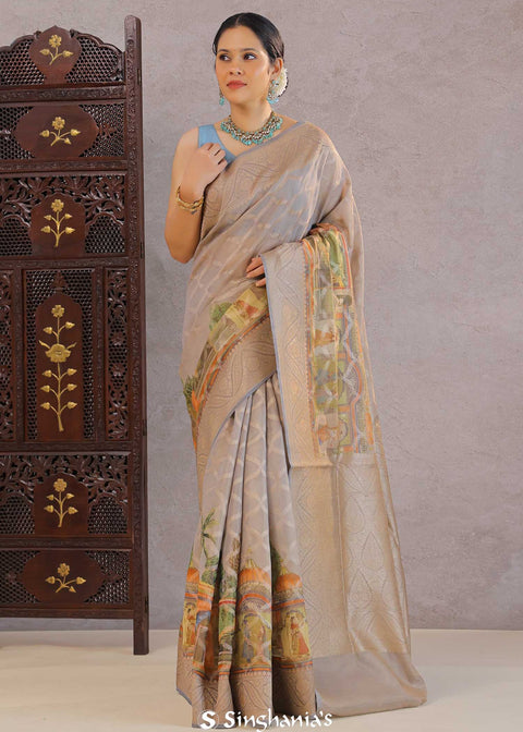 <img> grey tissue banarasi saree with human figures