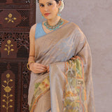 Grey Tissue Banarasi Saree With Human Figures