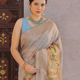 Grey Tissue Banarasi Saree With Human Figures
