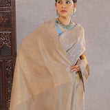 Grey Tissue Banarasi Saree With Human Figures