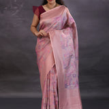 Pastel Rose Pink Banarasi Silk Saree With Meenakari Jaal