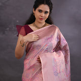 Pastel Rose Pink Banarasi Silk Saree With Meenakari Jaal