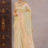Dark Cream Tissue Banarasi Saree With Gold Zari