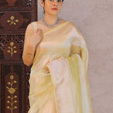 Dark Cream Tissue Banarasi Saree With Gold Zari