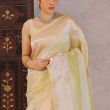 Dark Cream Tissue Banarasi Saree With Gold Zari
