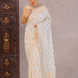 White Banarasi Silk Saree With Gold Zari Border