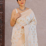 White Banarasi Silk Saree With Gold Zari Border