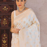 White Banarasi Silk Saree With Gold Zari Border