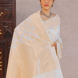 White Banarasi Silk Saree With Gold Zari Border