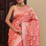 Dark Peach Banarasi Tissue Saree With Meenakari Design