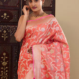 Dark Peach Banarasi Tissue Saree With Meenakari Design
