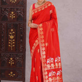 Vibrant Red Mashru Banarasi Saree With Horse Motifs