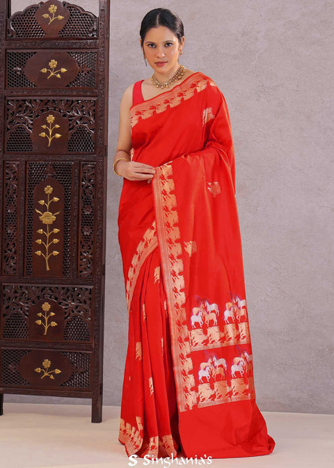 <img> Vibrant Red Mashru Banarasi Saree With Horse Motifs