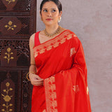 Vibrant Red Mashru Banarasi Saree With Horse Motifs