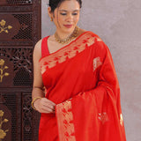 Vibrant Red Mashru Banarasi Saree With Horse Motifs