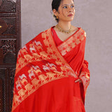 Vibrant Red Mashru Banarasi Saree With Horse Motifs