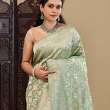 Pastel Mint Green Banarasi Silk Saree With Meenakari Jaal