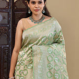 Pastel Mint Green Banarasi Silk Saree With Meenakari Jaal