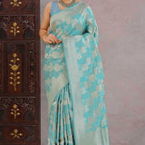 Medium Turquoise Banarasi Silk Saree With Floral Jaal