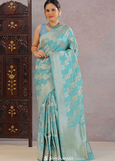 <img> Medium Turquoise Banarasi Silk Saree With Floral Jaal