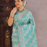 Medium Turquoise Banarasi Silk Saree With Floral Jaal