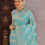 Medium Turquoise Banarasi Silk Saree With Floral Jaal