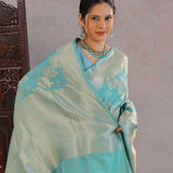 Medium Turquoise Banarasi Silk Saree With Floral Jaal