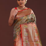 Mahendi Green Kanjivaram Tissue Saree With Contrast Border