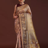 Beige Kanjivaram Tissue Saree With Contrast Dark Brown Border