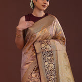 Beige Kanjivaram Tissue Saree With Contrast Dark Brown Border